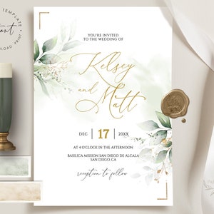 KELSEY Greenery Wedding Invitation Template Download, Printable Wedding Invitation, Greenery and Faux Gold Wedding Invitation Editable image 5