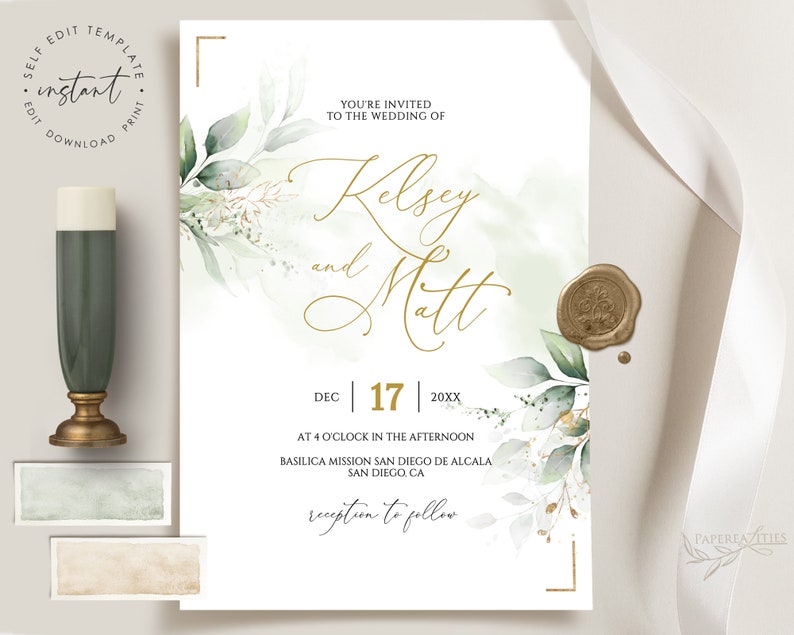 KELSEY Greenery Wedding Invitation Template Download, Printable Wedding Invitation, Greenery and Faux Gold Wedding Invitation Editable image 5