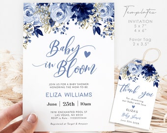 Baby Boy Shower Invitation Template: Navy Floral (Digital Download)