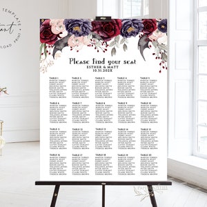 Gotische bruiloft zitplaatsen grafiek sjabloon, Til Death Do Us Part bruiloft zitplaatsen teken, Halloween Party stoel plan, gotische bruids douche, ESTHER