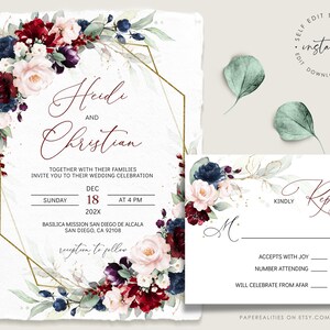 May include: Wedding invitation with a gold geometric frame and floral design. The invitation features burgundy, blush pink, and navy blue flowers with greenery. The text reads "Heidi and Christian" and includes the date and time of the wedding. The RSVP card features a similar floral design and includes the text "Kindly Reply by Oct."