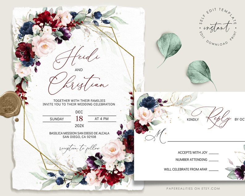 May include: Wedding invitation with a gold geometric frame and floral design. The invitation features burgundy, blush pink, and navy blue flowers with greenery. The text reads "Heidi and Christian" and includes the date and time of the wedding. The RSVP card features a similar floral design and includes the text "Kindly Reply by Oct."