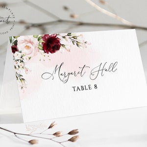 HARPER - modello di segnaposto floreale bordeaux, segnaposto per matrimoni bordeaux, carta nome piatto tipo tenda, segnaposto floreale modificabile