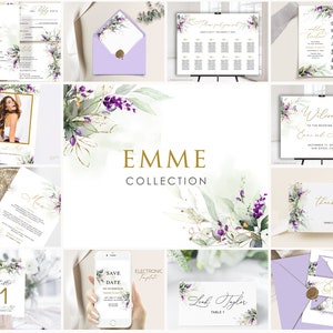 Op de afbeelding: Een huwelijksuitnodigingsset met een aquarelbloemendesign met paarse bloemen en groen. De set bevat een uitnodiging, een RSVP-kaart, een save-the-date-kaart en een tafelnummerkaart. De tekst op de uitnodiging luidt "Emme en Matt".