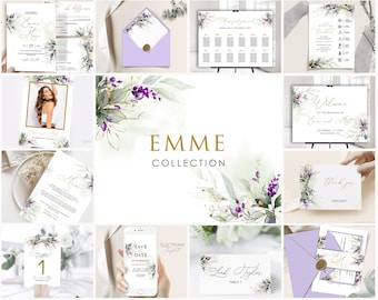 EMME - Lavender Wedding Template Bundle, Purple and Green Wedding Invitation, Lavender and Sage Large Wedding Collection, Instant Download