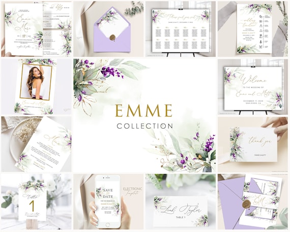 Lavender Wedding Invitation Template Bundle: Purple & Green (Digital Download)