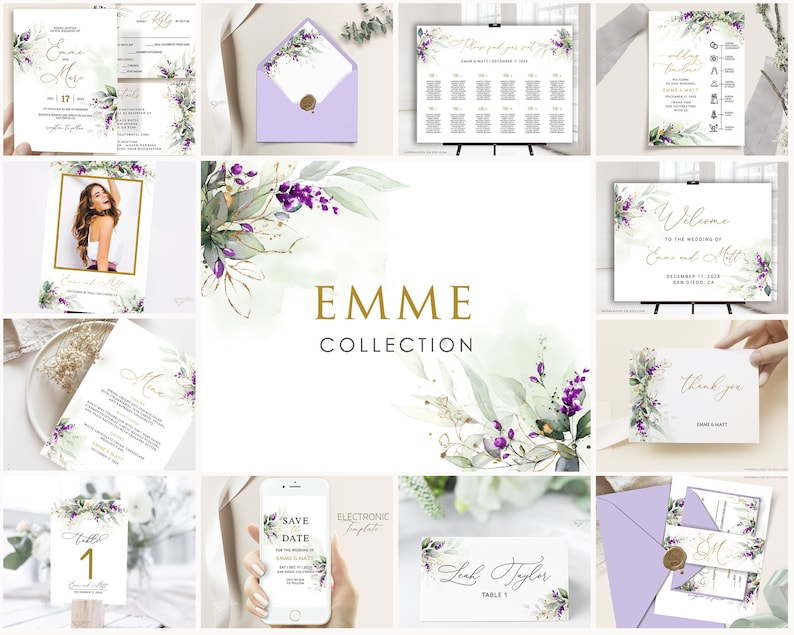 Op de afbeelding: Een huwelijksuitnodigingsset met een aquarelbloemendesign met paarse bloemen en groen. De set bevat een uitnodiging, een RSVP-kaart, een save-the-date-kaart en een tafelnummerkaart. De tekst op de uitnodiging luidt "Emme en Matt".