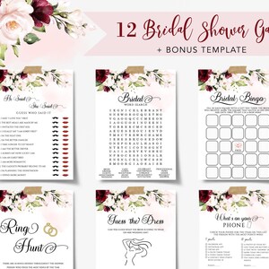 HARPER- Bridal Shower Games Bundle Template, Printable Editable Bridal Shower Games, Burgundy Blush Bridal Party Games, Wedding Shower Games