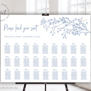 Blue Floral Wedding Seating Chart Sign Template (Digital Download)