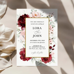 Modello di invito a nozze con cipria bordeaux, invito a nozze floreale, invito a nozze modificabile stampabile con fiori rosa cipria rosso intenso, LORA