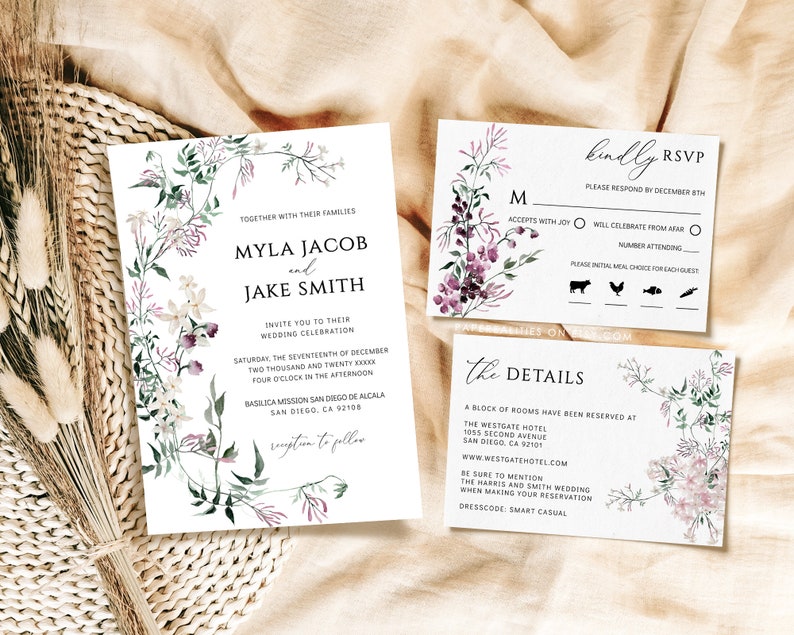 Wildflower Wedding Invitation Suite: Plum, Sage Green (Digital Download) image 2