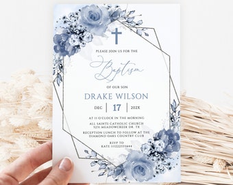 May include: Blue and silver geometric frame with watercolor floral design. Text reads: "Please join us for the Baptism of our son Drake Wilson Dec 17 202X at 11 o'clock in the morning All Saints Catholic Church 5231 Meadowcreek Dr. TX Reception lunch to follow at the Diamond Oaks Country Club RSVP to Kate 111222333444"