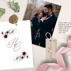 May include: A white card with a burgundy floral design and the letters "H & C" in calligraphy. The card is 5x7 inches and can be personalized with a photo or monogram. The text "just love" is written on a small brown tag.