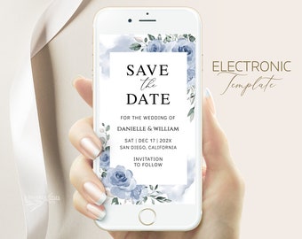 May include: A blue and white floral save the date card with the text "Save the Date" and "For the Wedding of Danielle & William" on a smartphone screen. The date is "Sat | Dec 17 | 202X" and the location is "San Diego, California". The text "Invitation to Follow" is also included.