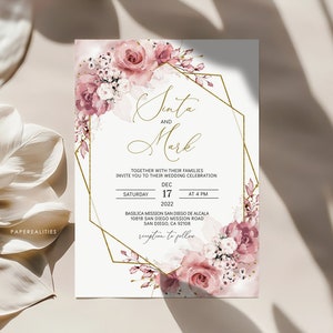 SINTA - Hochzeitseinladung, Altrosa Hochzeitseinladung, bedruckbare Hochzeitseinladung, Floral Dusty Pink, Blush Hochzeitseinladung