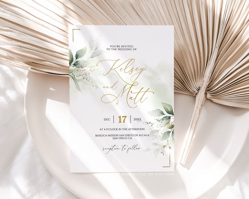KELSEY Greenery Wedding Invitation Template Download, Printable Wedding Invitation, Greenery and Faux Gold Wedding Invitation Editable image 1