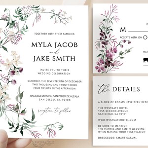 Wildflower Wedding Invitation Suite: Plum, Sage Green (Digital Download) image 3