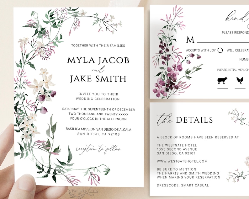 Wildflower Wedding Invitation Suite: Plum, Sage Green (Digital Download) image 3