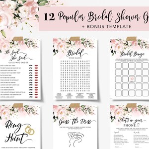 HARLOW - Blush Bridal Shower Games Bundle Template, Floral Bridal Party Games, Printable Editable Bridal Shower Games, Wedding Shower Games