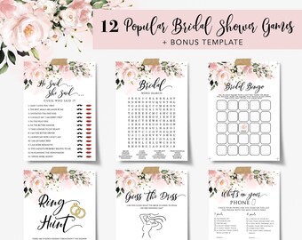May include: Twelve printable bridal shower games with floral designs. The games include "He Said, She Said", "Bridal Word Search", "Bridal Bingo", "Ring Hunt", "Guess the Dress", and "What's on Your Phone".