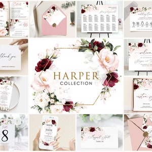 HARPER- Burgundy Blush Hochzeitseinladungs-Vorlagen-Bundle, Hochzeitsvorlagen-Bundle, Floral Blush-Hochzeitsvorlage, Hochzeitseinladungs-Bundle