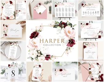 Burgundy Blush Floral Wedding Invitation Template Bundle (Digital)