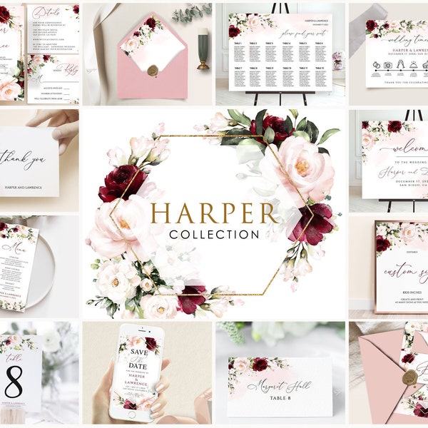 Burgundy Blush Floral Wedding Invitation Template Bundle (Digital)