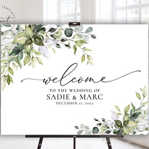 SERENE - Plantilla de letrero de bienvenida verde, póster de bienvenida de boda editable, plantilla de signo de bienvenida para boda, letrero de bienvenida de eucalipto verde
