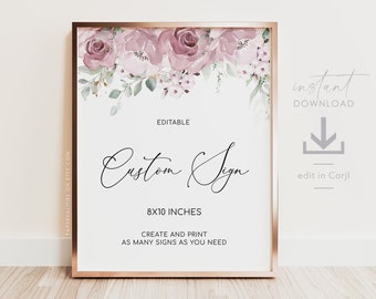 Mauve Floral Custom Sign Template: Editable Wedding Table Decor (Digital Download)