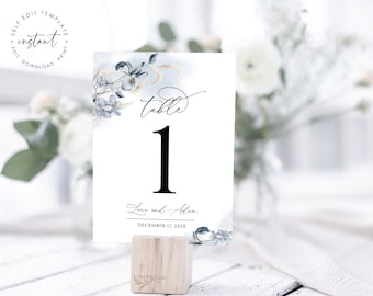 Plantilla de número de mesa para boda en azul polvoriento: Acuarela editable (descarga digital)