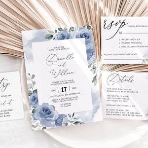 DANIELLE - Dusty Blue Wedding Invitation Template, Wedding Invitation, Printable Wedding Invitation Set, Wedding Invitation Dusty Floral