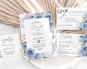 Dusty Blue Floral Wedding Invitation Template (Digital)