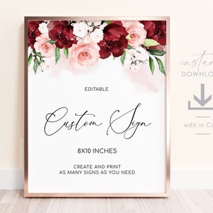 Burgundy Floral Wedding Sign Template: Editable Custom Table Decor (Digital Download)