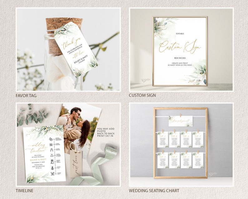 KELSEY Greenery Wedding Invitation Bundle Template, Sage Green Gold Wedding Invitation Suite, Wedding Template Bundle, Wedding Invitation image 5