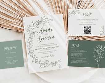 Sage Green Botanical Wedding Invitation Template (Digital Download)