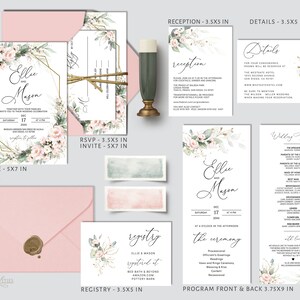 May include: Wedding invitation suite featuring a floral design in shades of pink and green. The invitation includes a save the date card, RSVP card, details card, wedding programme, and a registry card. The text on the invitation reads "Ellie and Mason" and includes the date and time of the wedding. The invitation is printed on white cardstock with a gold geometric frame.