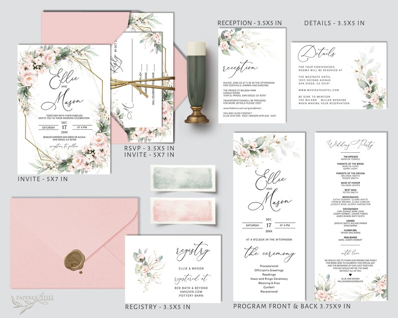 May include: Wedding invitation suite featuring a floral design in shades of pink and green. The invitation includes a save the date card, RSVP card, details card, wedding programme, and a registry card. The text on the invitation reads "Ellie and Mason" and includes the date and time of the wedding. The invitation is printed on white cardstock with a gold geometric frame.