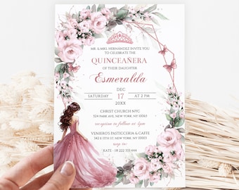 Plantilla de invitación de quinceañera floral de oro rosa (descarga digital)