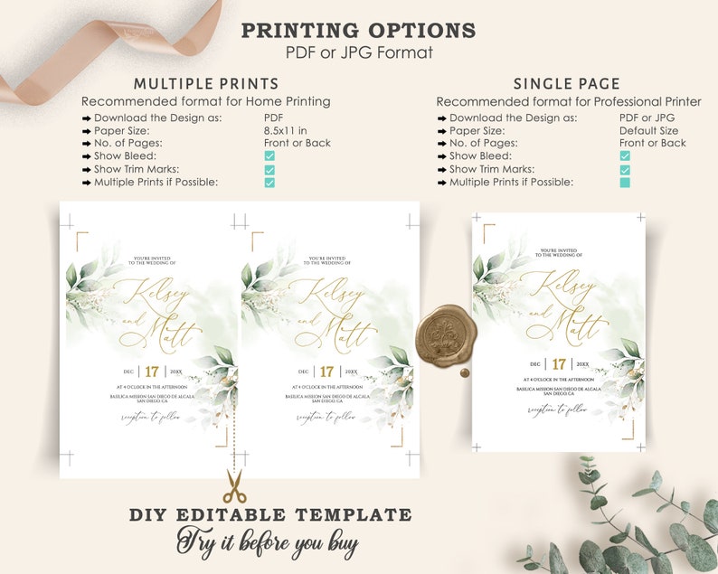 KELSEY Greenery Wedding Invitation Bundle Template, Sage Green Gold Wedding Invitation Suite, Wedding Template Bundle, Wedding Invitation image 7