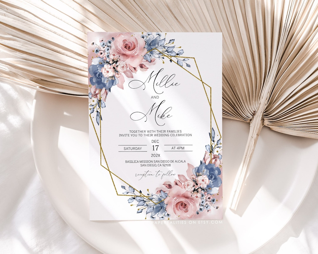 Dusty Blue Pink Wedding Invitation Template Blue Pink Flowers Wedding