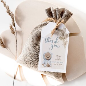 Bear Baby Shower Favor Tags Template, Pampas Baby Shower Tag, Teddy Bear Favor Tag, Printable Thank You Tags, Dusty Blue Baby Shower, PB10