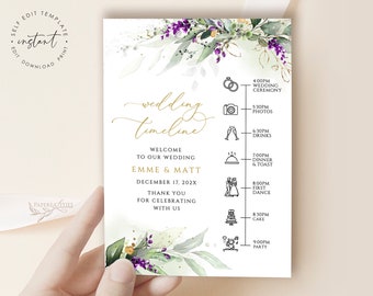 EMME - Purple Greenery Agenda Template, Wedding Agenda Template, Wedding Timeline Template, Wedding Party Timeline Wedding Day Schedule