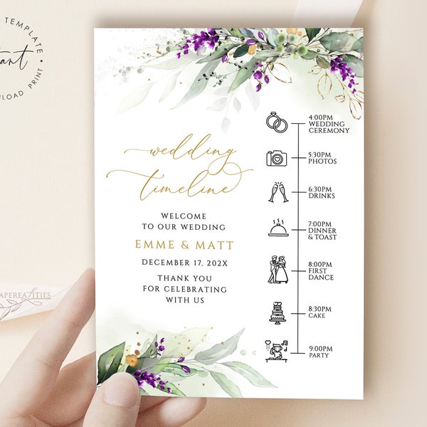 EMME - Purple Greenery Agenda Template, Wedding Agenda Template, Wedding Timeline Template, Wedding Party Timeline Wedding Day Schedule