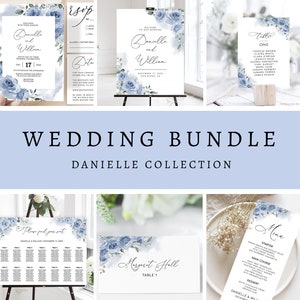 Dusty Blue Floral Wedding Invitation Suite Template (Editable)