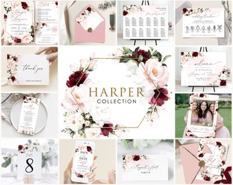 HARPER- Burgundy Blush Wedding Invitation Template Bundle, Wedding Template Bundle, Floral Blush Wedding Template, Wedding Invitation Bundle