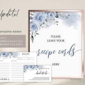 May include: A printable sign with a watercolour floral design in shades of blue and grey. The sign says "Please leave your recipe cards here" and includes a smaller card that says "Recipe for the bride-to-be".