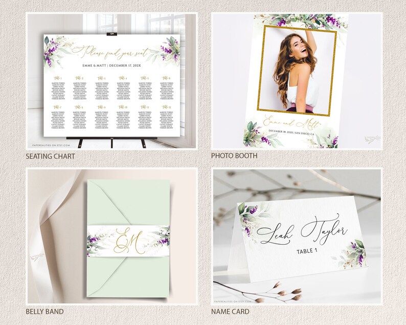 Op de afbeelding: Een set huwelijksstationery met een groen en paars bloemenontwerp met gouden accenten. De set bevat een zitplaatskaart, een fotobooth-bord, een buikband en een naambordje. De zitplaatskaart heeft een lijst met tafels en gasten. Het fotobooth-bord heeft een frame met een bloemenontwerp en de tekst "Emme en Matt". De buikband heeft een bloemenontwerp met de initialen "E&M". Het naambordje heeft een bloemenontwerp en de tekst "Leah Taylor, Tafel 1".