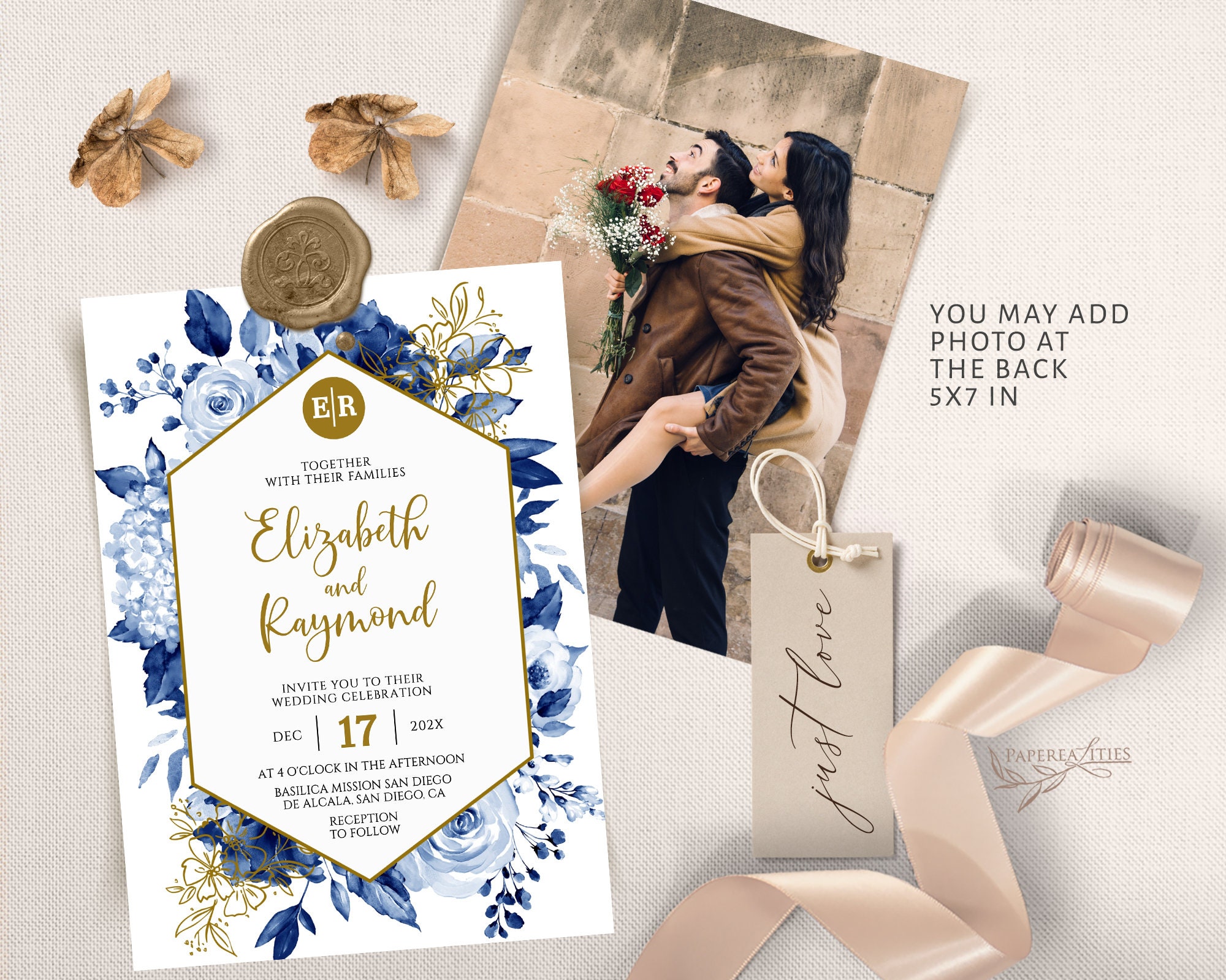 ELIZA Navy Blue Wedding Invitation Template Dusty Blue Navy Etsy