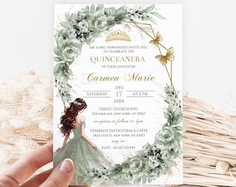 Editable Sage Green Floral Quinceañera Invitation Template (Digital Download)
