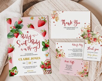 May include: A pink and white baby shower invitation with a strawberry theme. The invitation says "A Berry Sweet Baby is on the way" and includes the name Claire Jones, the date December 21st, and the time 2 PM. The invitation also includes the address 78781 Enchanted Pool St, Las Vegas, NV 89139 and the RSVP information.